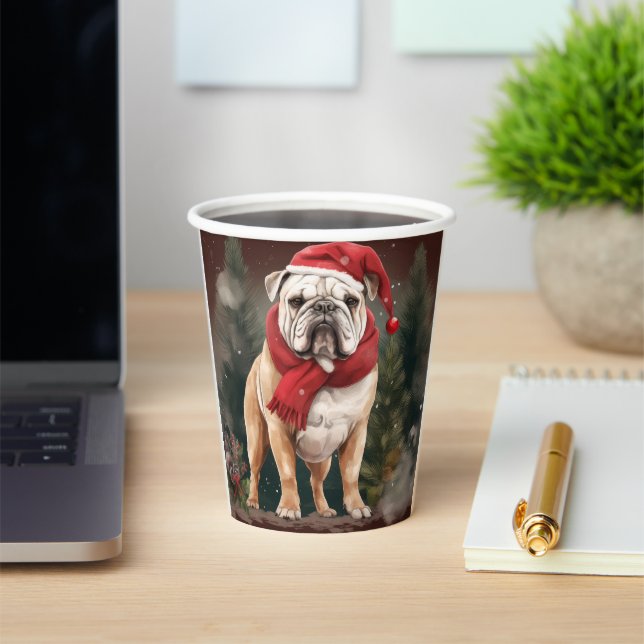 Vasos De Papel Bulldog en Navidades de nieve (in situ)
