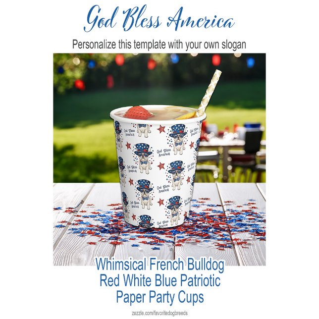 Vasos De Papel Bulldog francés caprichoso rojo azul patriótico (God Bless America Whimsical French Bulldog Red White Blue Patriotic Paper Cups )
