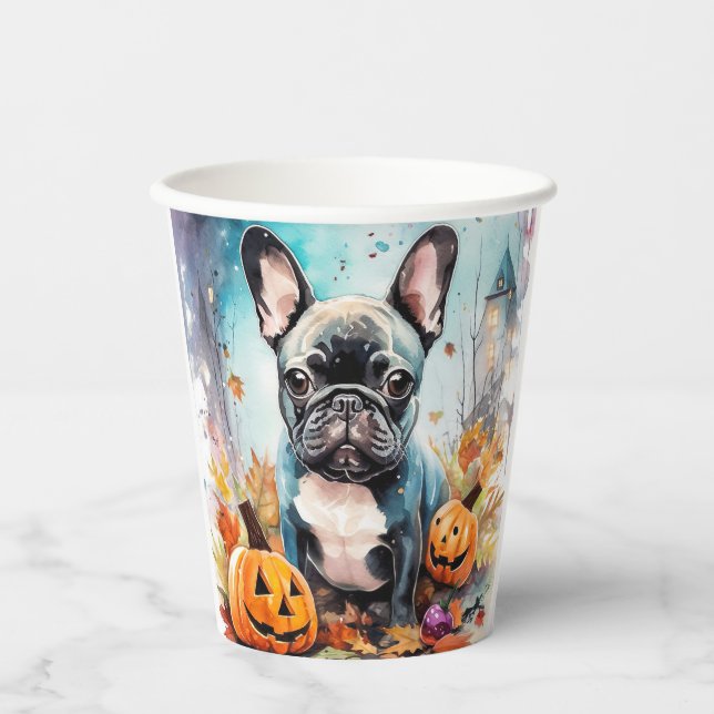 Vasos De Papel Bulldog francés de Halloween con calabazas temeros (Anverso)