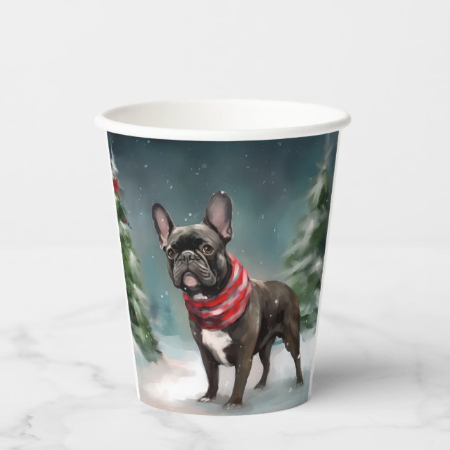 Vasos De Papel Bulldog francés en Navidades de nieve (Anverso)