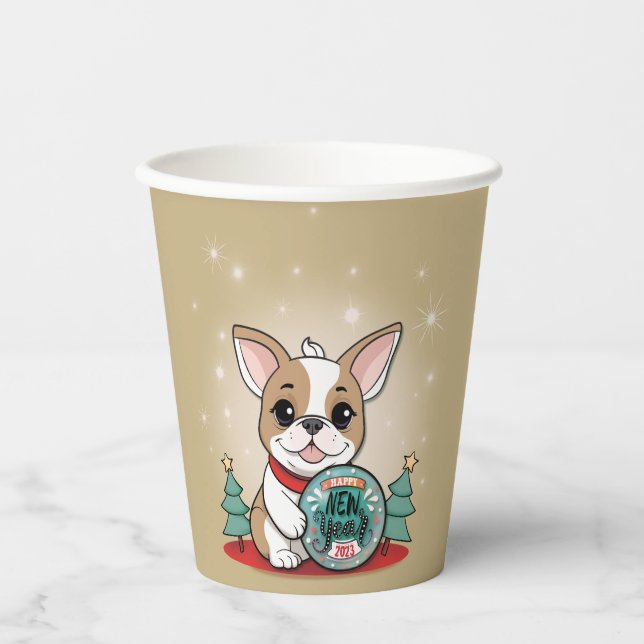 Vasos De Papel Bulldog francés gracioso Fiesta de Año Nuevo (Anverso)