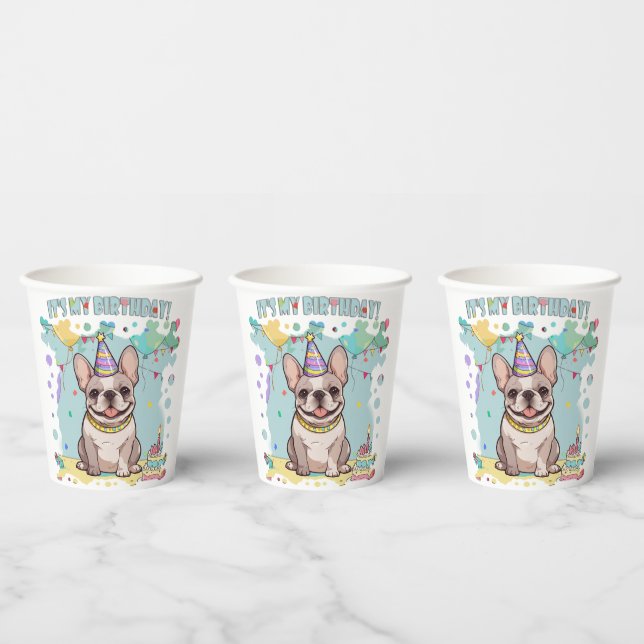 Vasos De Papel Bulldog francés lindo Pastel es mi cumpleaños (Multi)