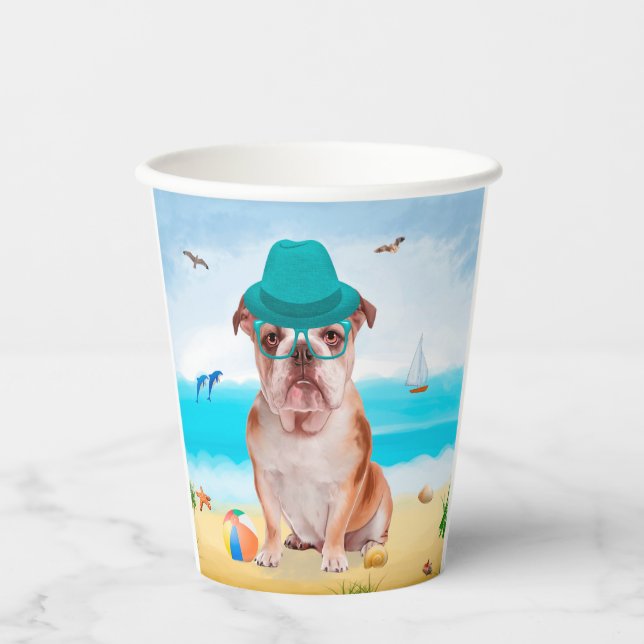Vasos De Papel Bulldog inglés en la playa (Anverso)