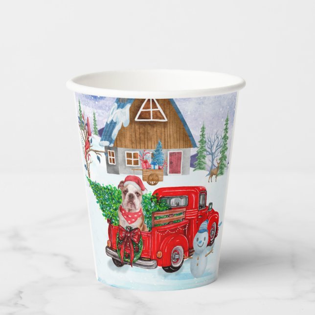 Vasos De Papel Bulldog Inglés En Navidad De Nieve En Camión De En (Anverso)