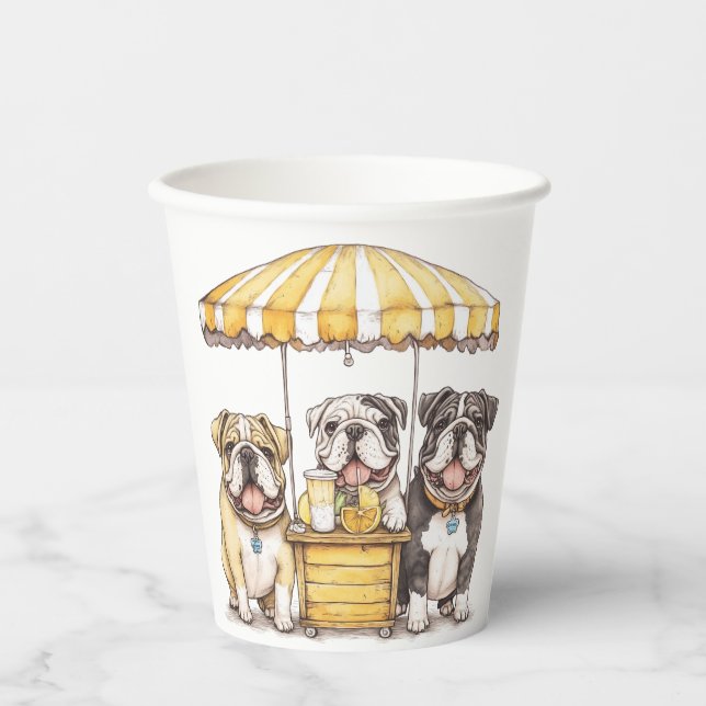 Vasos De Papel Bulldogs Ingleses Dirigiendo Un Puesto De Limonada (Anverso)