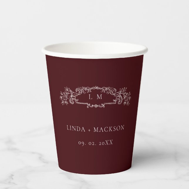 Vasos De Papel Burgundy botanical crest monogram wedding (Reverso )