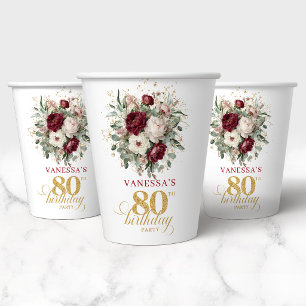 Vasos de Papel Burgundy Floral Cumpleaños 80