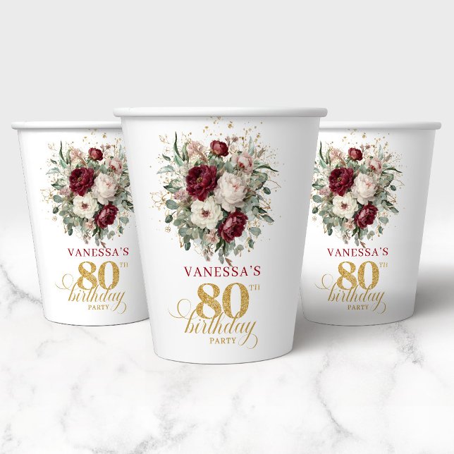 Vasos de Papel Burgundy Floral Cumpleaños 80 (Chic Burgundy Floral 80th Birthday Paper Cups)