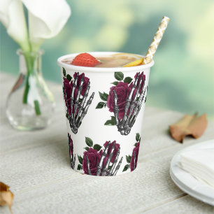 Vasos De Papel Burgundy Floral Skeleton Hand Gothic