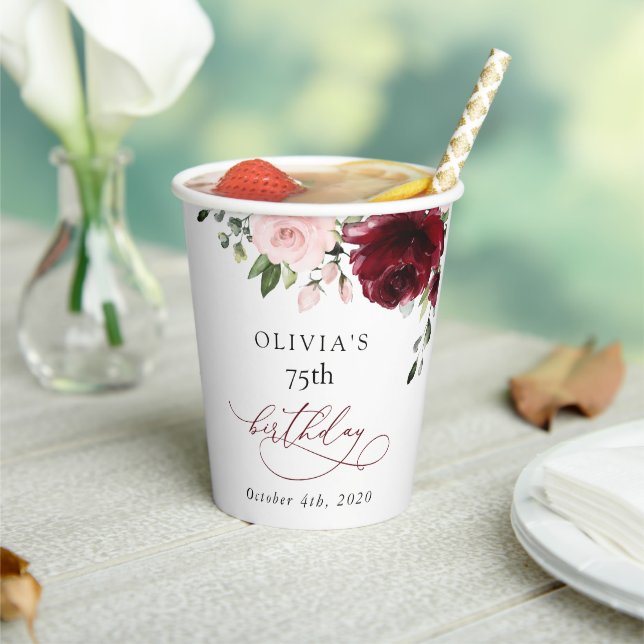 Vasos De Papel Burgundy Flowers, Pink Flowers, Boho, Birthday (in situ)