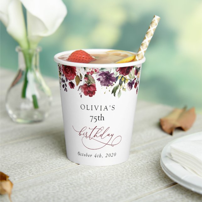 Vasos De Papel Burgundy Flowers, Pink Flowers, Boho, Birthday (in situ)