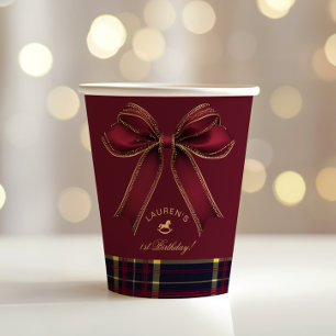 Vasos De Papel Burgundy Gold Bow Rocking Horse Luxury Cumpleaños