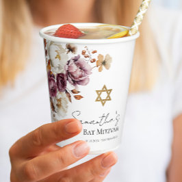 Vasos De Papel Burgundy Otoño Caída Floral Bat Mitzvah