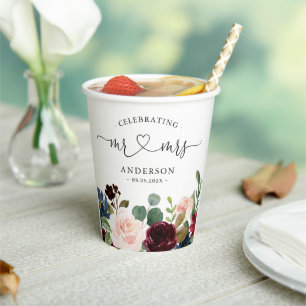 Vasos De Papel Burgundy Rubor Floral Sr. y Sra. Script Boda