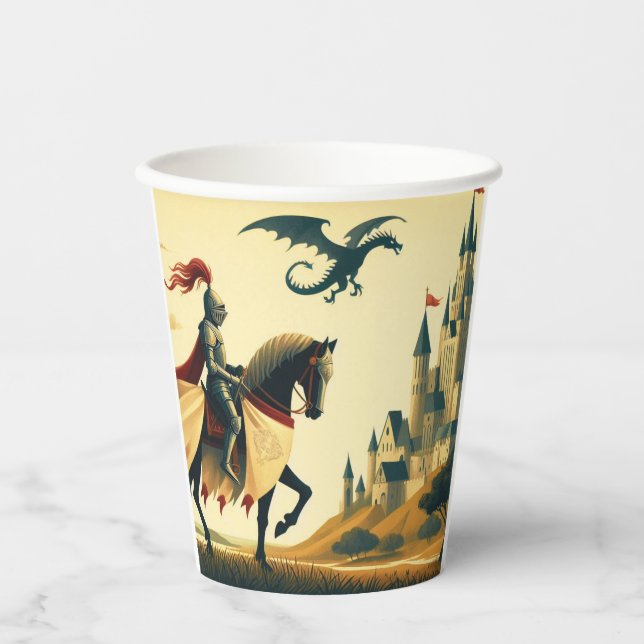 Vasos De Papel Caballero medieval y castillo de fantasía de wyver (Anverso)