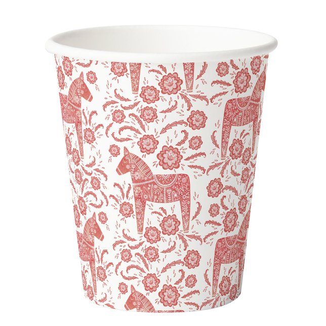 Vasos De Papel Caballo de dala sueco rojo y blanco (Swedish Dala horse red and white festive folk art pattern party paper cup)