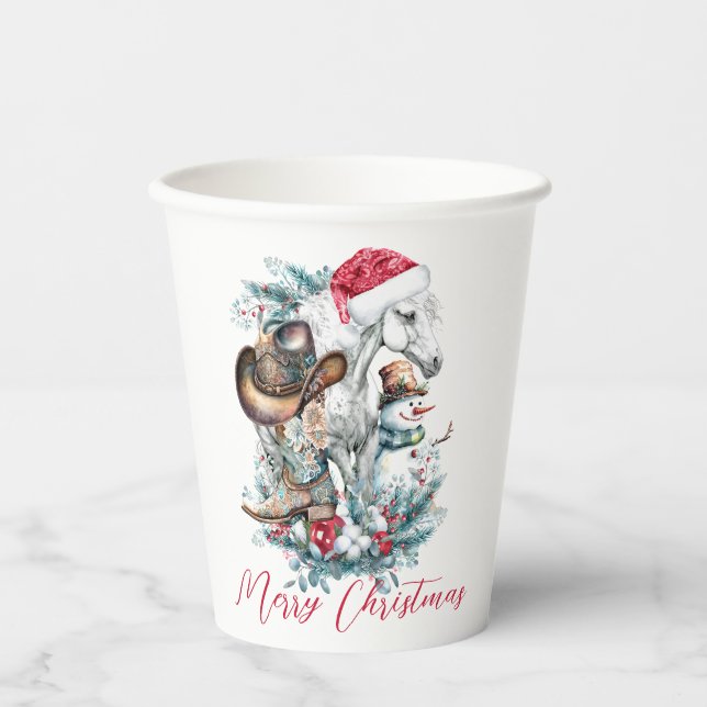 Vasos De Papel Caballo de navidad en botas de vaquero de vaquero  (Anverso)