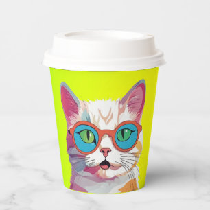 Vasos De Papel Cabeza De Gato Usando Gafas Clipart