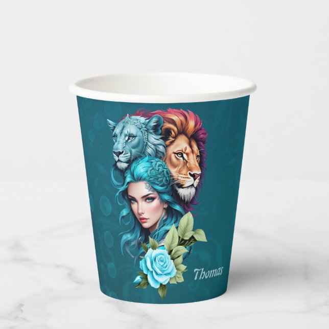 Vasos De Papel Cabeza de mujer hermosa con ojos expresivos (Anverso)