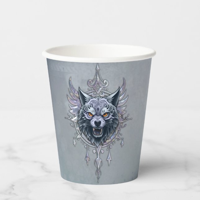 Vasos De Papel Cabeza mística de lobo. (Anverso)