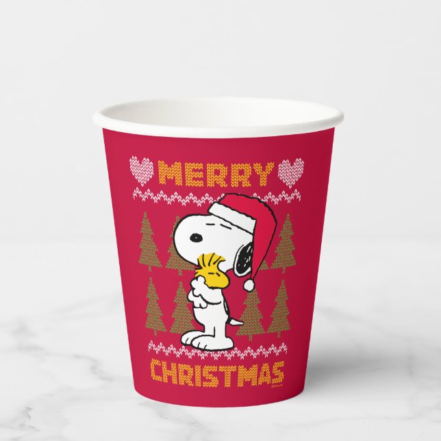 Vasos De Papel Cacahuetes | Snoopy & Woodstock Santa Claus Hug (Anverso)