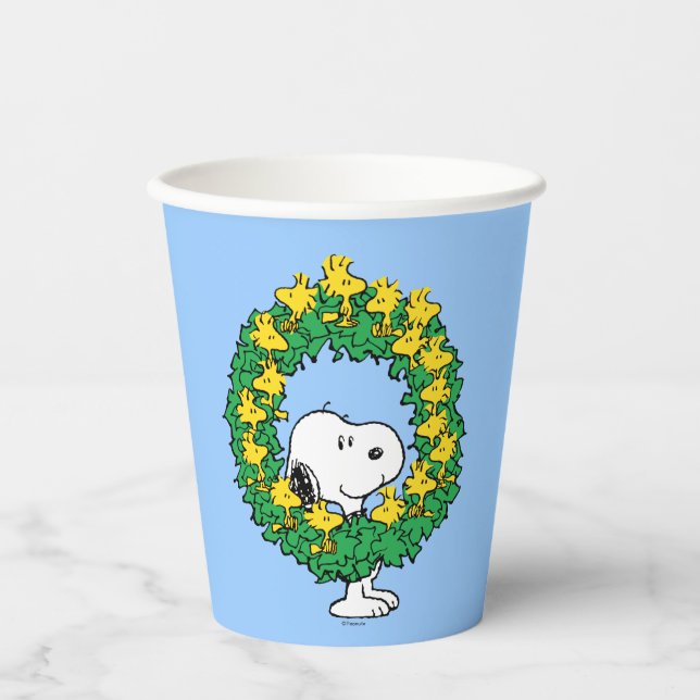 Vasos De Papel Cacahuetes | Wreath de Navidades Snoopy y Woodstoc (Anverso)