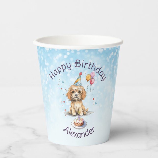 Vasos De Papel Cachorro con Fiesta Gorra Cumpleaños (Anverso)