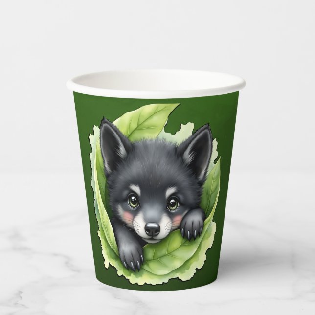 Vasos De Papel Cachorro de lobo en el verde: (Anverso)