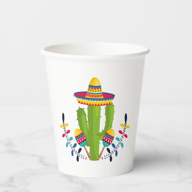 Vasos De Papel Cactus con maracas vestidos con sombrero (Anverso)