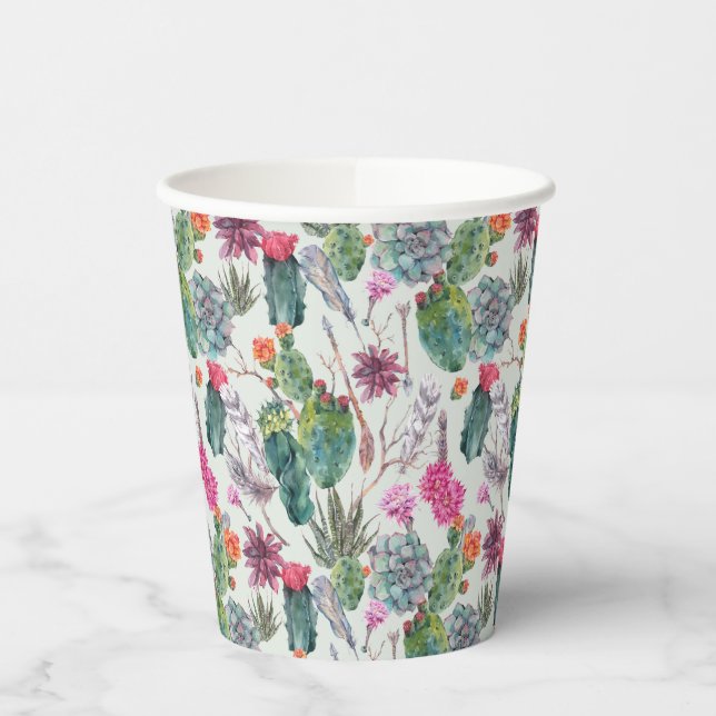 Vasos De Papel Cactus de acuarela Boho exótico y patrón suculento (Izquierda)