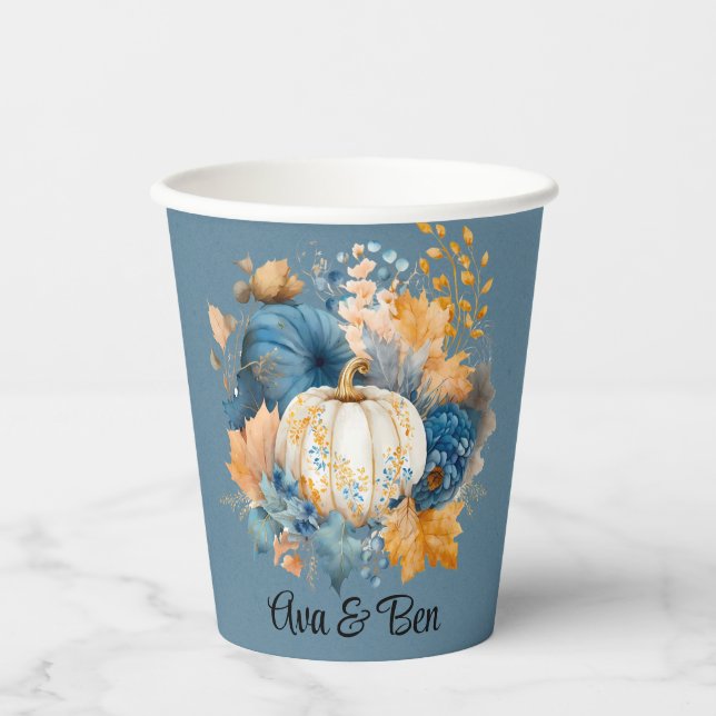 Vasos De Papel Cae azul y Naranja Calabaza Peony Boda (Anverso)