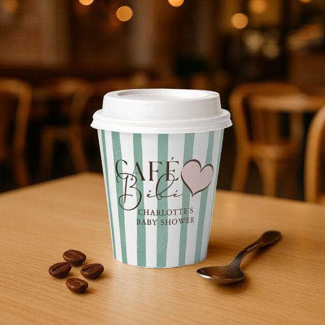 Vasos De Papel Café Bébé Mint Café rayado Baby Shower temática (Café Bébé Mint Striped Coffee Themed Baby Shower Paper Cups)