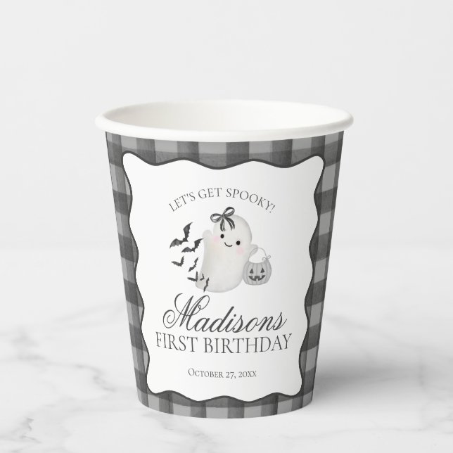 Vasos De Papel Café de cumpleaños del pequeño fantasma de gingham (Anverso)