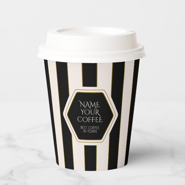 Vasos De Papel Cafetería negro y rayas crema con dorado (Anverso)