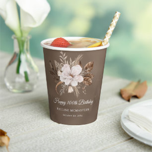 Vasos De Papel Caída Neutral de Floral Blanca 100 cumpleaños