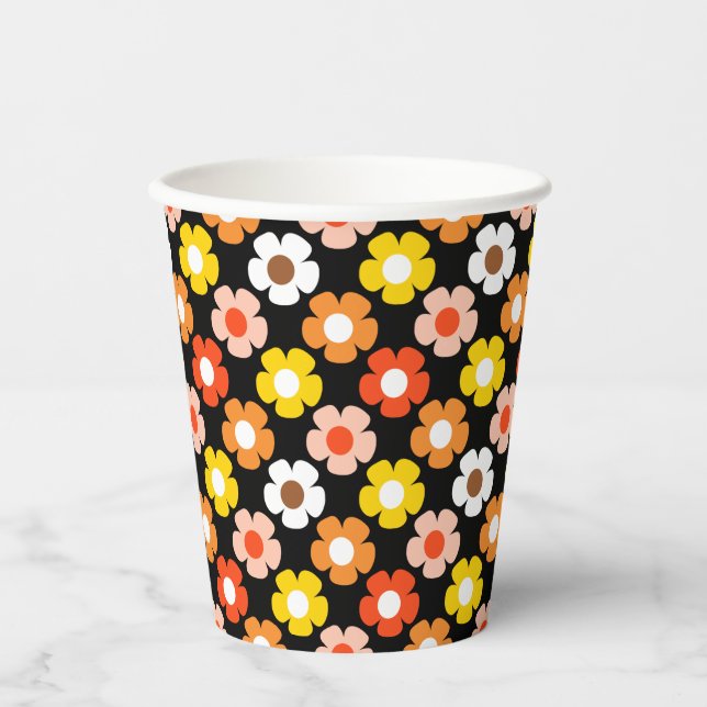 Vasos De Papel Caída Retro Flores de Otoño Patrón Negro (Anverso)