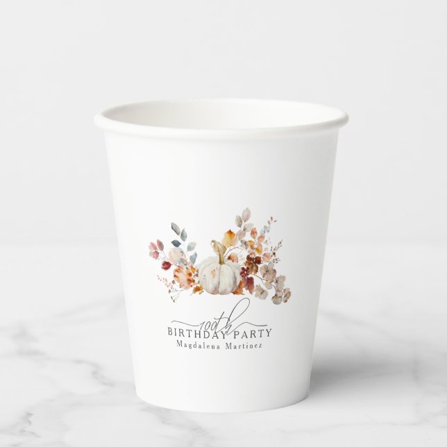 Vasos De Papel Calabaza Blanca de Cumpleaños Número 100 Flores de (Anverso)