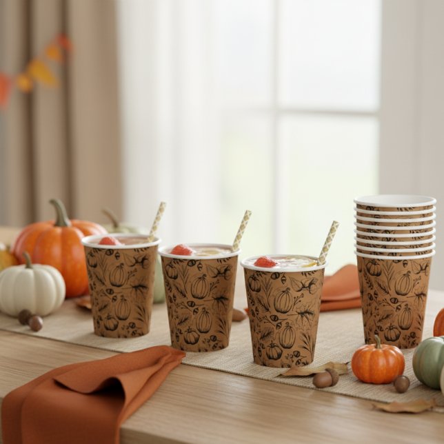 Vasos De Papel Calabaza de cosecha de otoño (Thanksgiving Paper Cups. Burnt Orange Fall Harvest Pattern-Pumpkins, Autumn Leaves, Acorns, Berries)