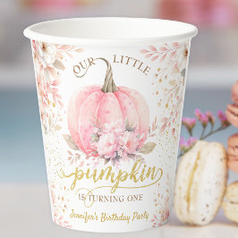 Vasos De Papel Calabaza de niña con brillo dorado y floral cumple