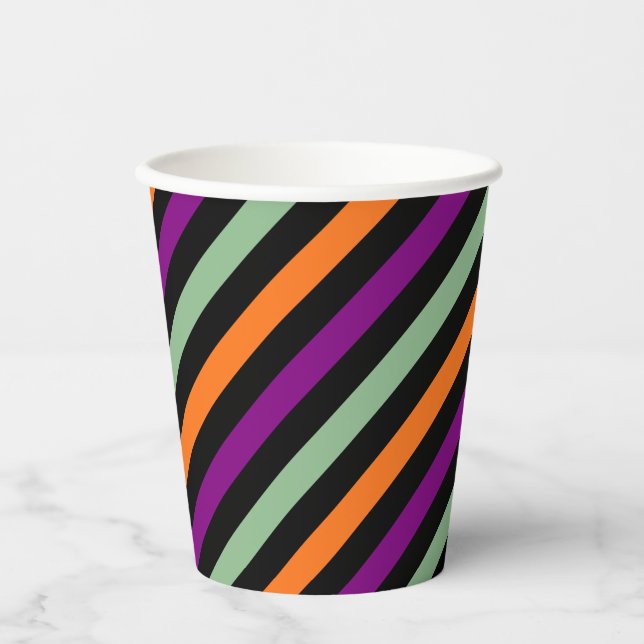 Vasos De Papel Calabaza, Purple, Green y Black Diagonal Stripes (Anverso)