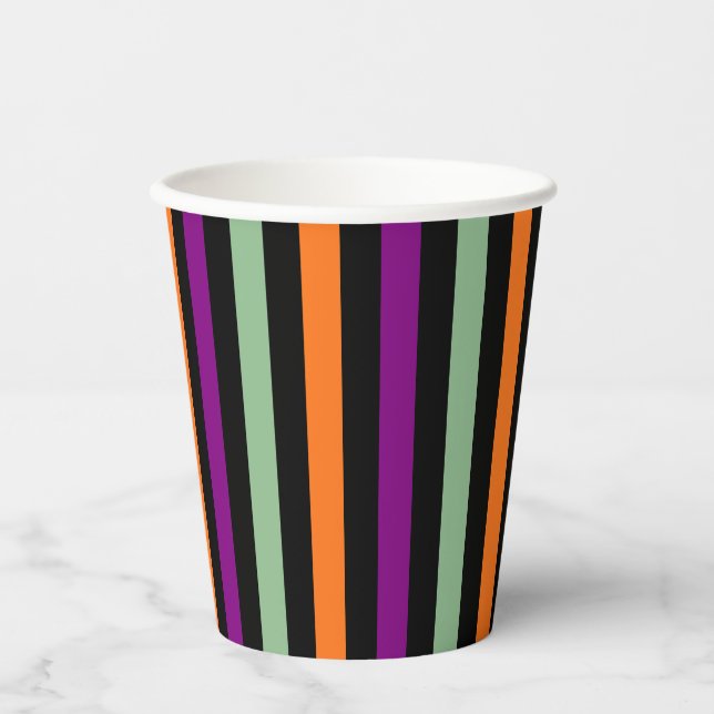 Vasos De Papel Calabaza, Purple, Green y Black Vertical Strips (Anverso)