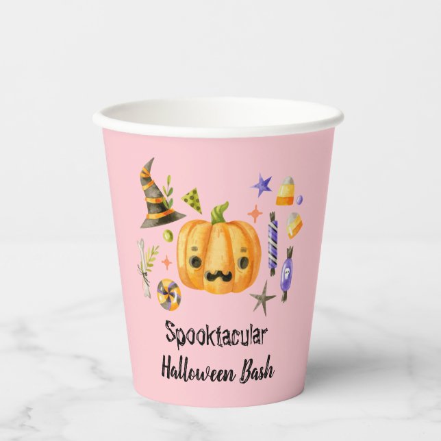 Vasos De Papel Calabaza Spooktacular Halloween Bash Fiesta Rosa (Anverso)