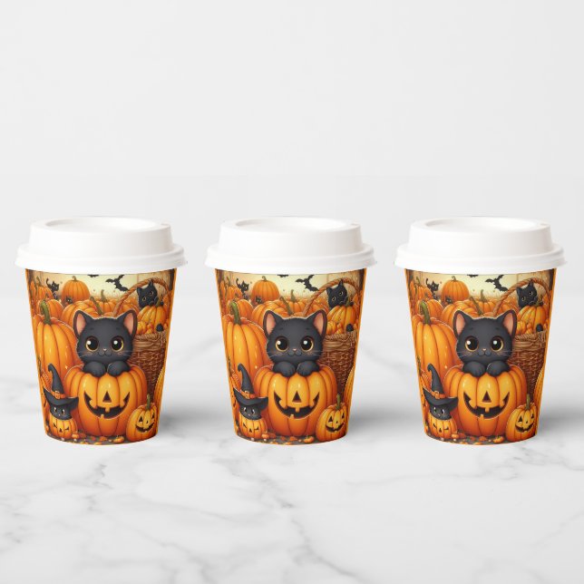 Vasos De Papel Calabazas, gatos negros y murciélagos Halloween (Multi)