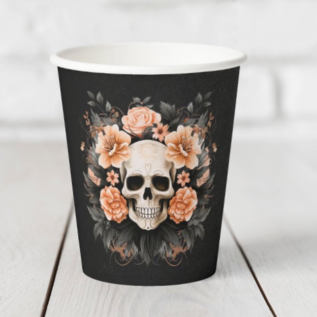 Vasos De Papel Calavera floral vintage personalizada (Add a little elegance to your Halloween party with these spooky skull paper cups.)