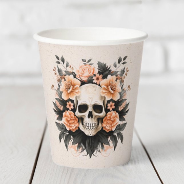 Vasos De Papel Calavera floral vintage personalizada (Add a little elegance to your Halloween party with these spooky skull paper cups.)
