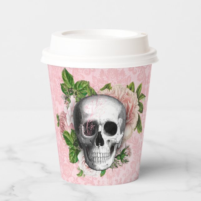 Vasos De Papel Calavera gótica con rosas rosadas (Anverso)