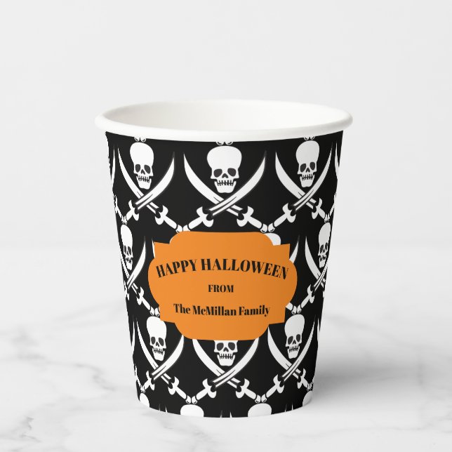 Vasos De Papel Calaveras piratas y huesos Feliz Halloween (Anverso)