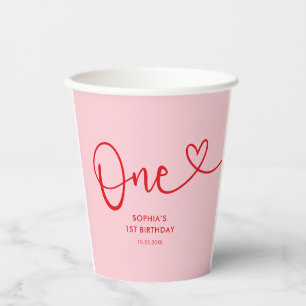 Vasos De Papel Caligrafía lúdica Rojo Rosa Primer Cumpleaños