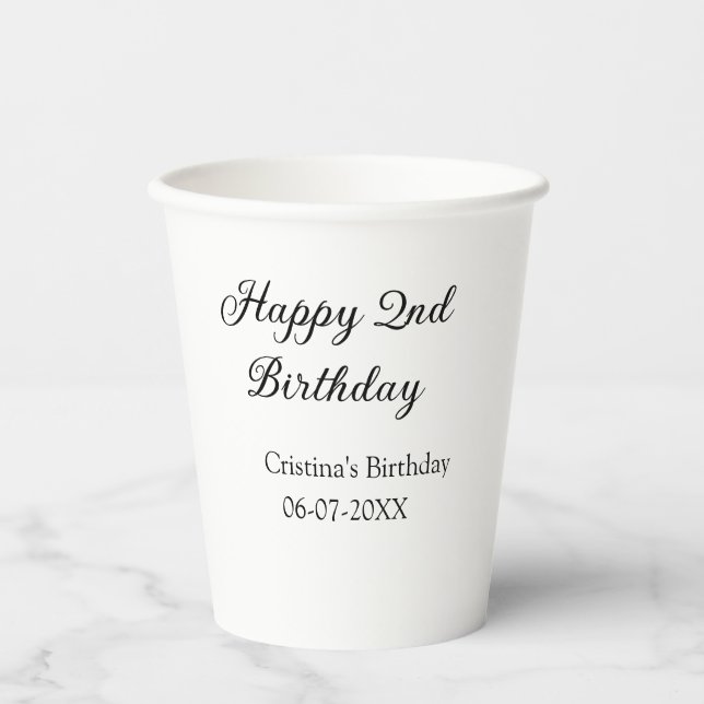 Vasos De Papel caligrafía simple mínimo feliz segundo cumpleaños (Anverso)
