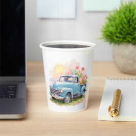 Vasos De Papel Camión Azul Vintage con Huevos de Pascua y Tulipan